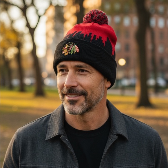 Fanatics | Chicago Blackhawks | Hometown Skyline | Beanie Hat w/Pom - Picture 1 of 5